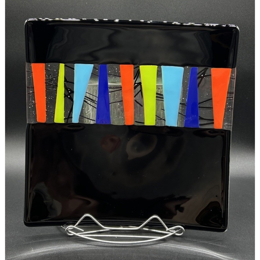 Handcrafted Fused Glass Square Plate Black Multi Color Geometric 11.75 Inch
